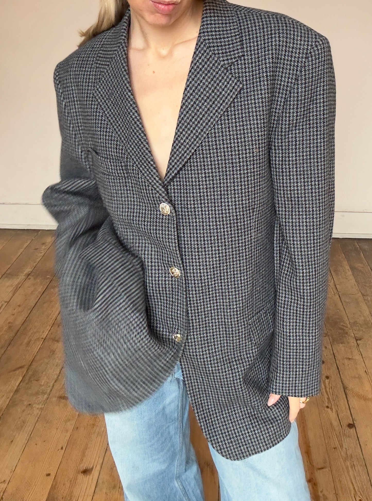 Blazer pied de poule en laine boutons dorsal argenté taille 40/42