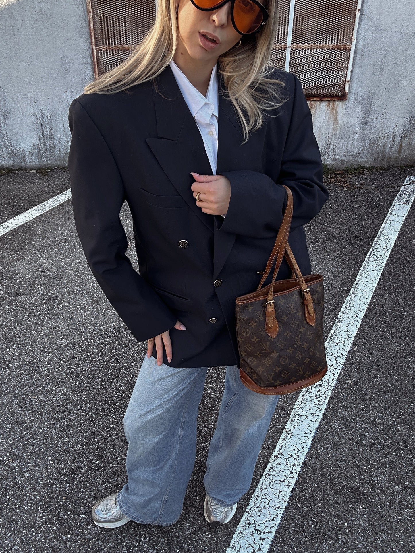 Blazer Oversize Marine en Laine – Double Boutonnage & Épaulettes | Taille 40/42