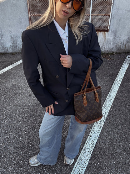 Blazer Oversize Marine en Laine – Double Boutonnage & Épaulettes | Taille 40/42