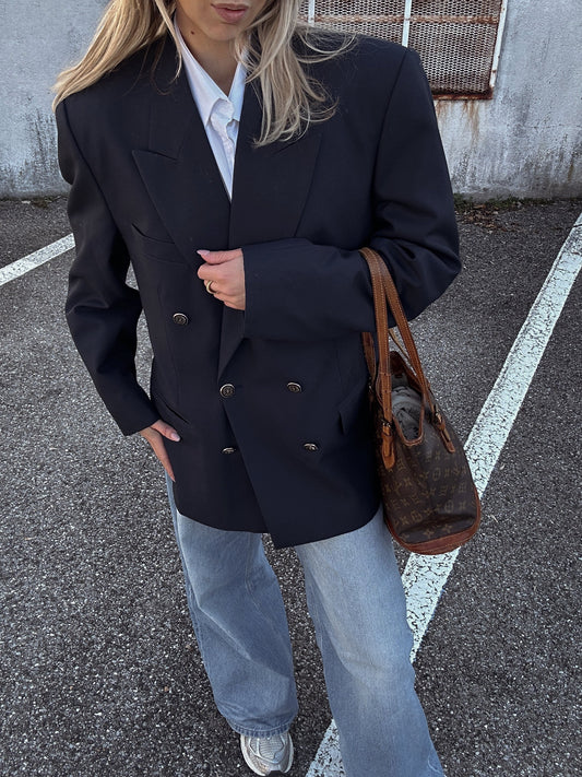 Blazer Oversize Marine en Laine – Double Boutonnage & Épaulettes | Taille 40/42