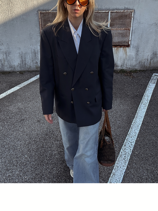 Blazer Oversize Marine en Laine – Double Boutonnage & Épaulettes | Taille 40/42