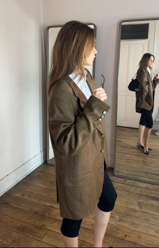 Blazer pied-de-poule upcyclé en laine – Boutons vintage dorés – Coupe oversize NO 14